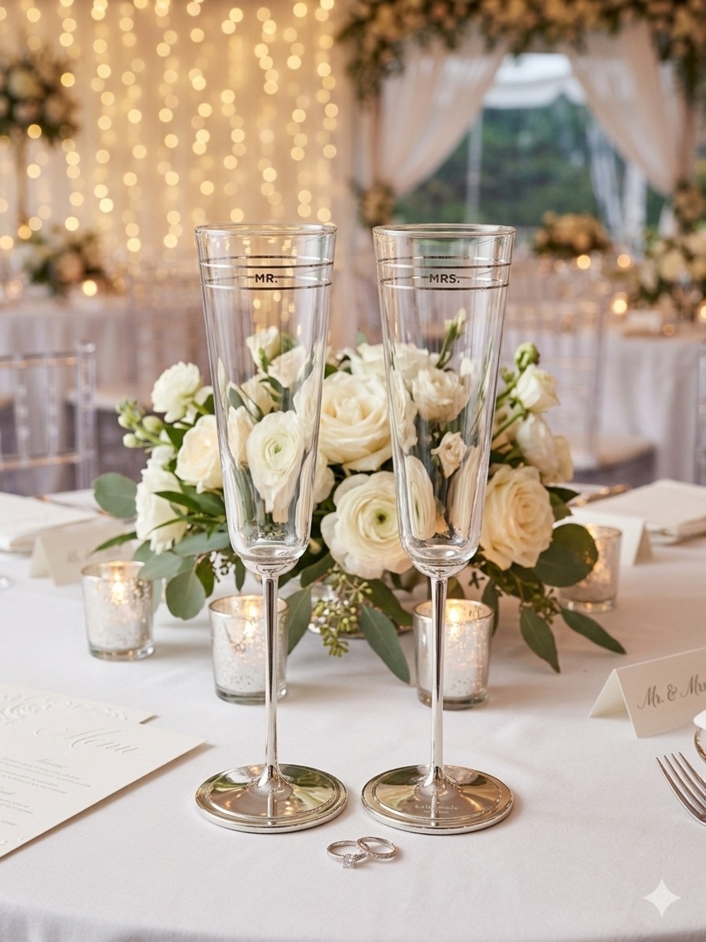 kate spade Lenox Clear "Mr." and "Mrs." Champagne Flutes with Silver Trim